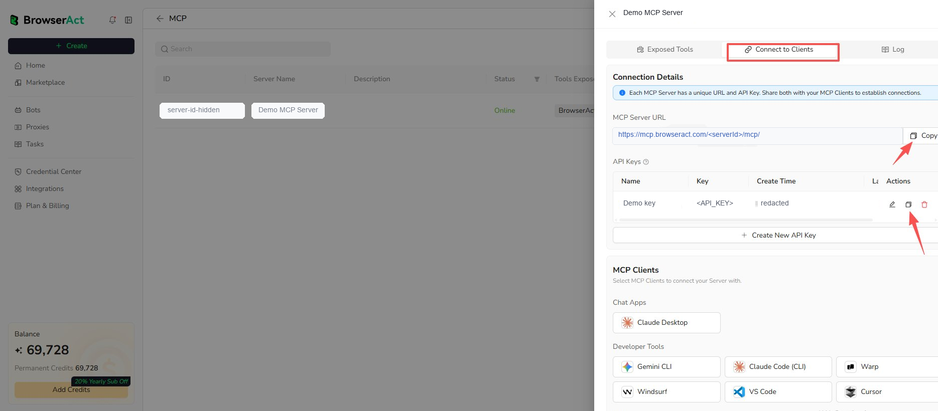 Copy the MCP Server URL and API Key from the same Server