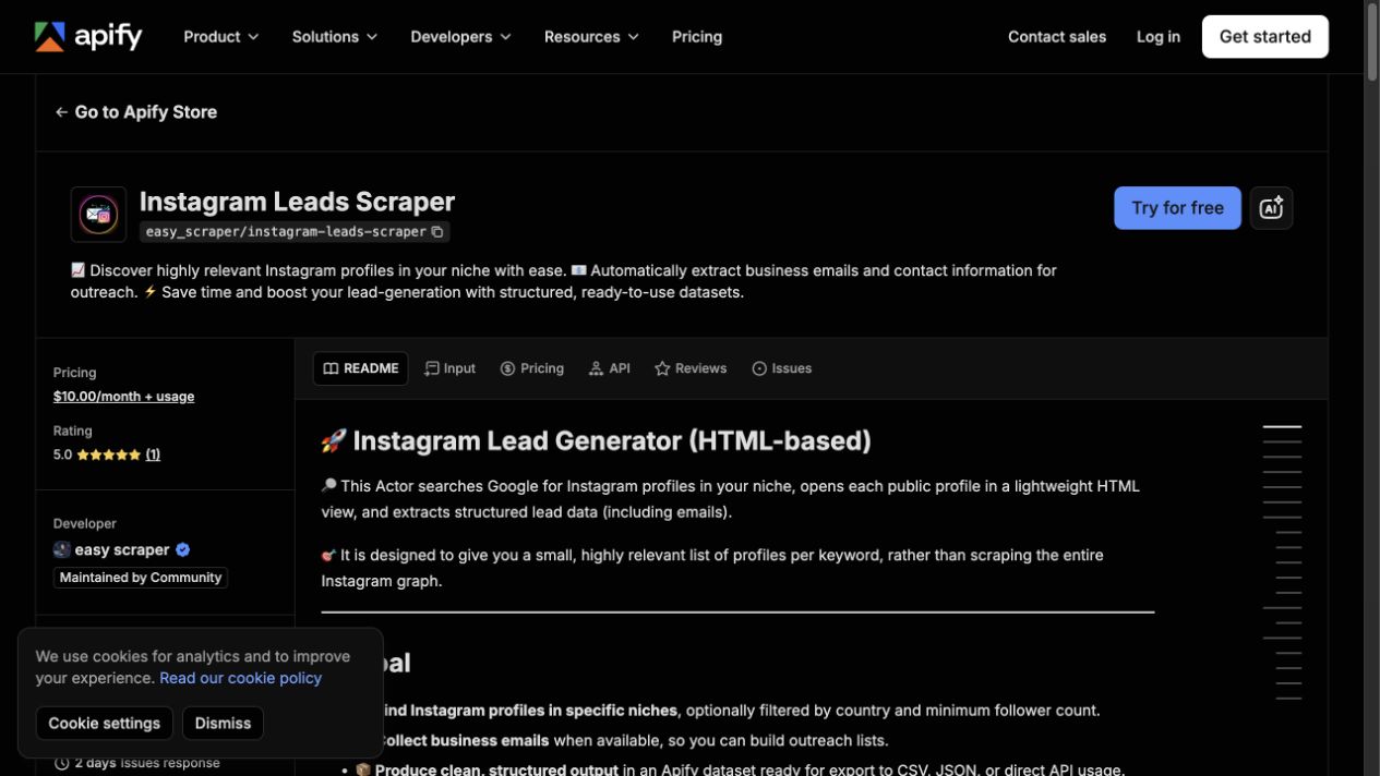 Official Apify Instagram Leads Scraper page showing niche profile discovery and structured lead data