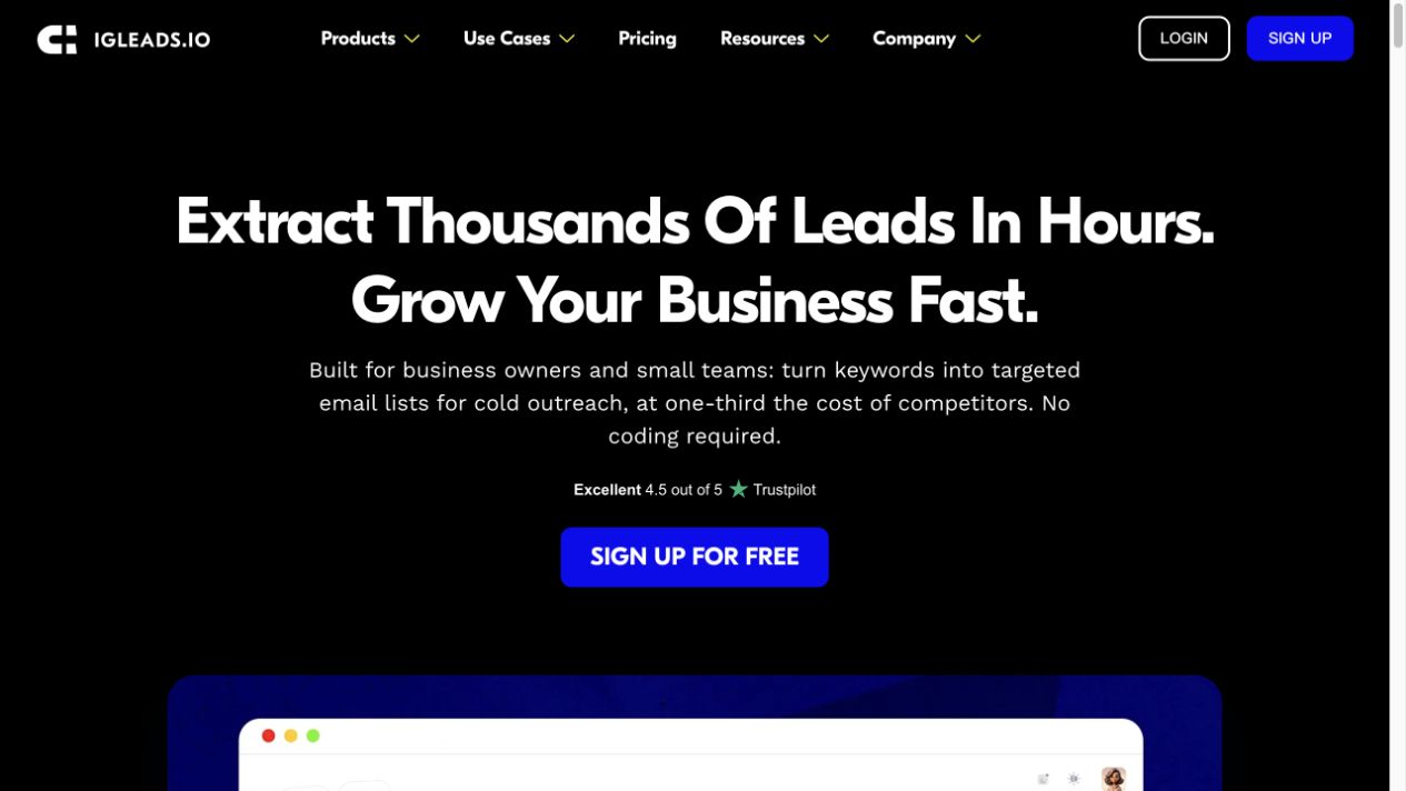 Official IGLeads page positioning Instagram scraping for targeted email lists