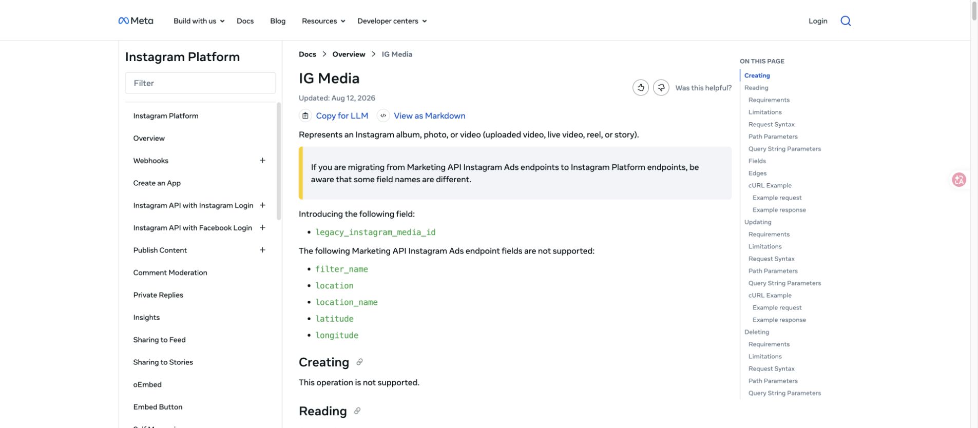 Official Meta IG Media documentation showing Instagram media fields and Reels view count context