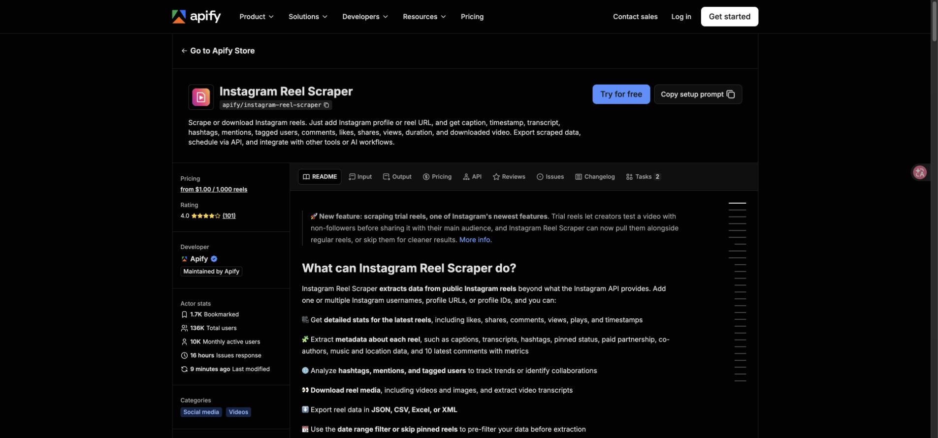Official Apify Instagram Reel Scraper page showing Reels fields, export, scheduling, API, and AI workflow positioning