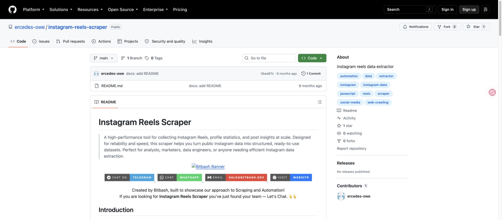 GitHub repository for an Instagram Reels scraper project, representing the open-source/self-hosted route