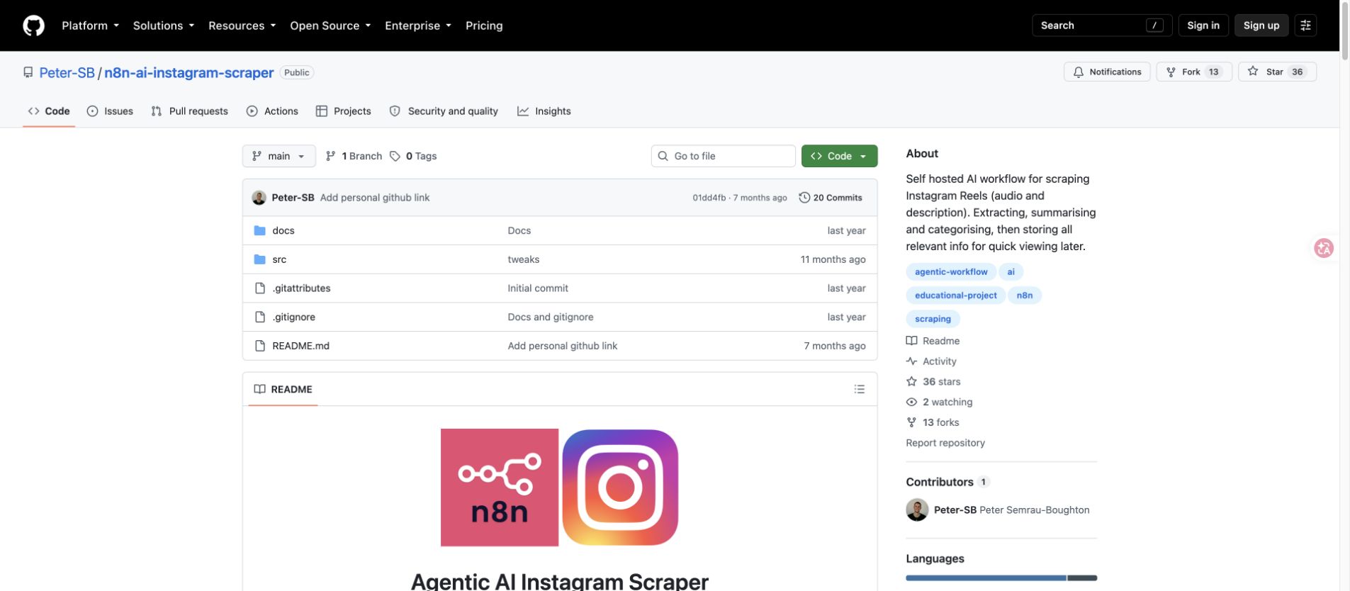 GitHub n8n AI Instagram scraper workflow showing a self-hosted Reels-to-AI automation pattern