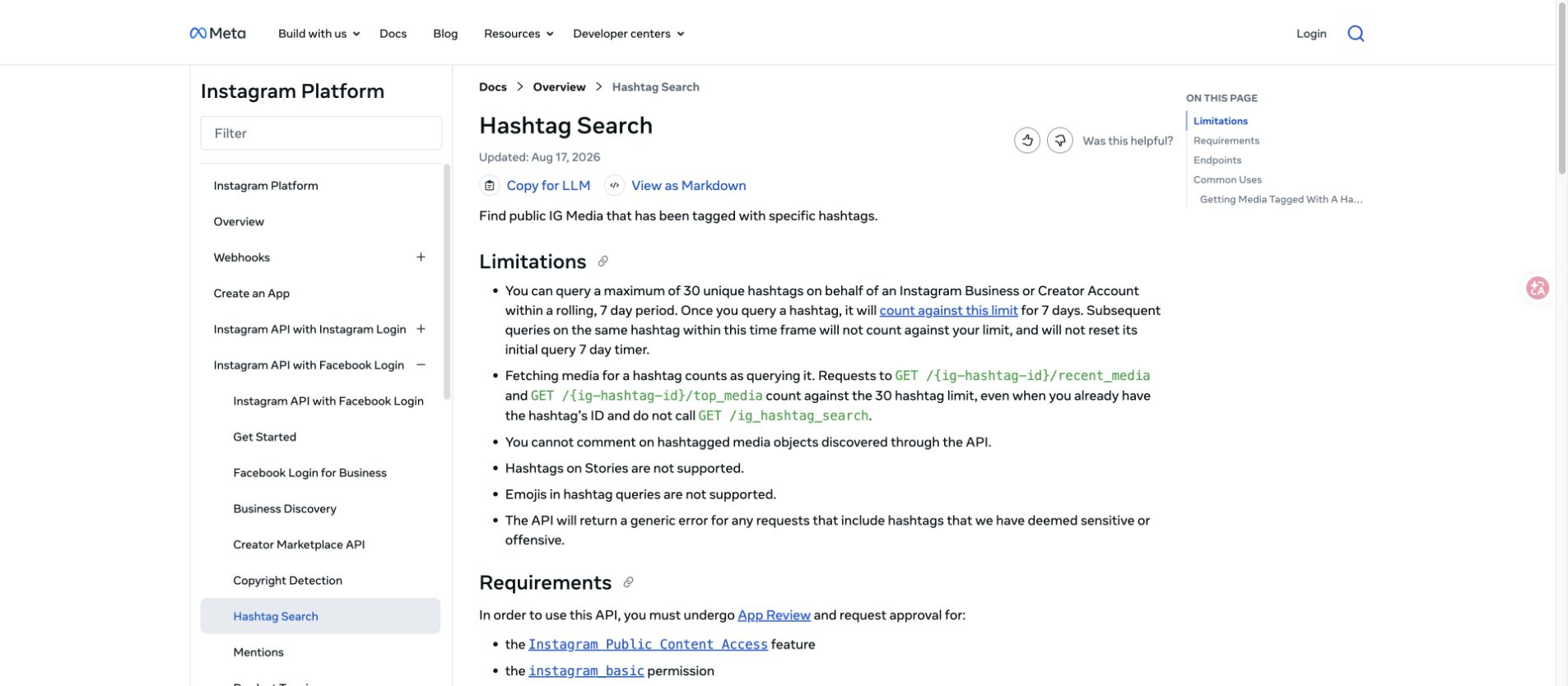 Official Meta Instagram Hashtag Search documentation showing API limitations and requirements