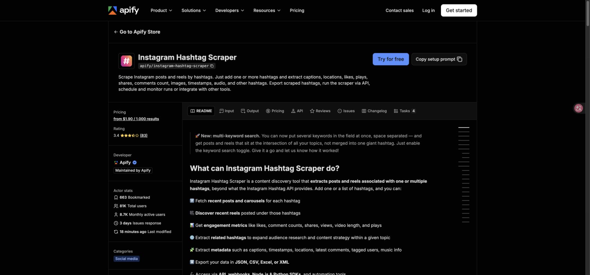 Official Apify Instagram Hashtag Scraper page showing hashtag-based post and Reel extraction fields