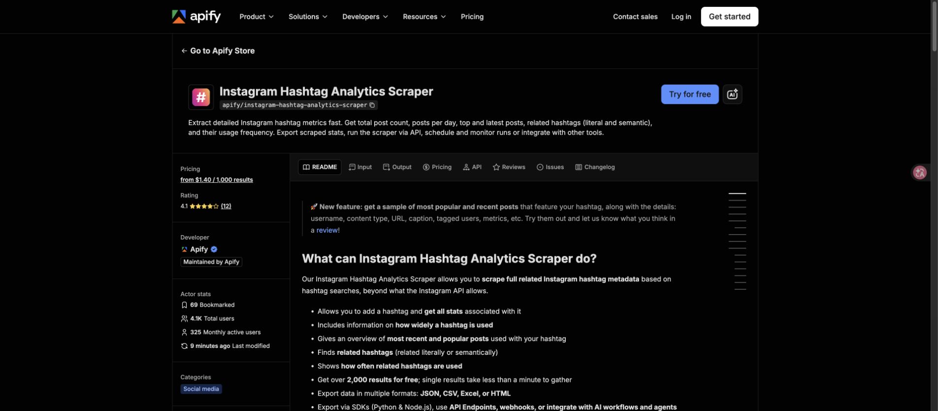 Official Apify Instagram Hashtag Analytics Scraper page showing hashtag analytics positioning