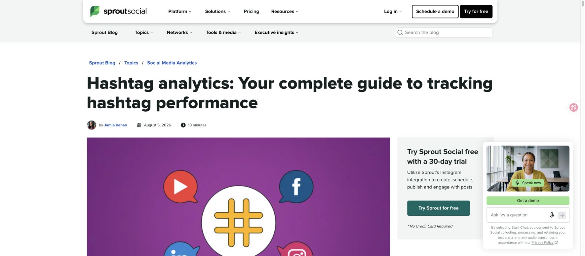 Sprout Social hashtag analytics article showing campaign, trend, and sentiment framing