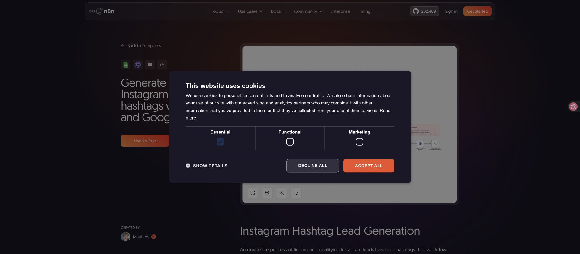 n8n workflow template showing Instagram hashtag lead generation with Apify and Google Sheets