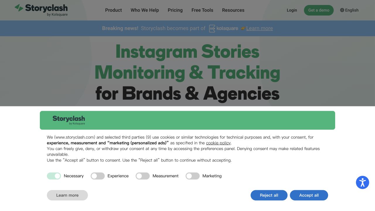 Official Storyclash Instagram Stories Monitoring page showing competitor tracker and monitoring positioning