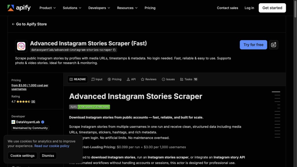 Official Apify Advanced Instagram Stories Scraper page showing public Stories extraction positioning