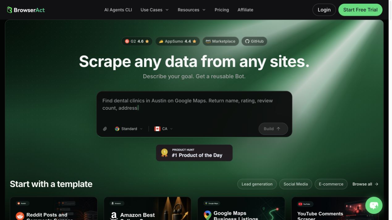 Official BrowserAct page showing prompt-first browser automation for building a reusable scraper