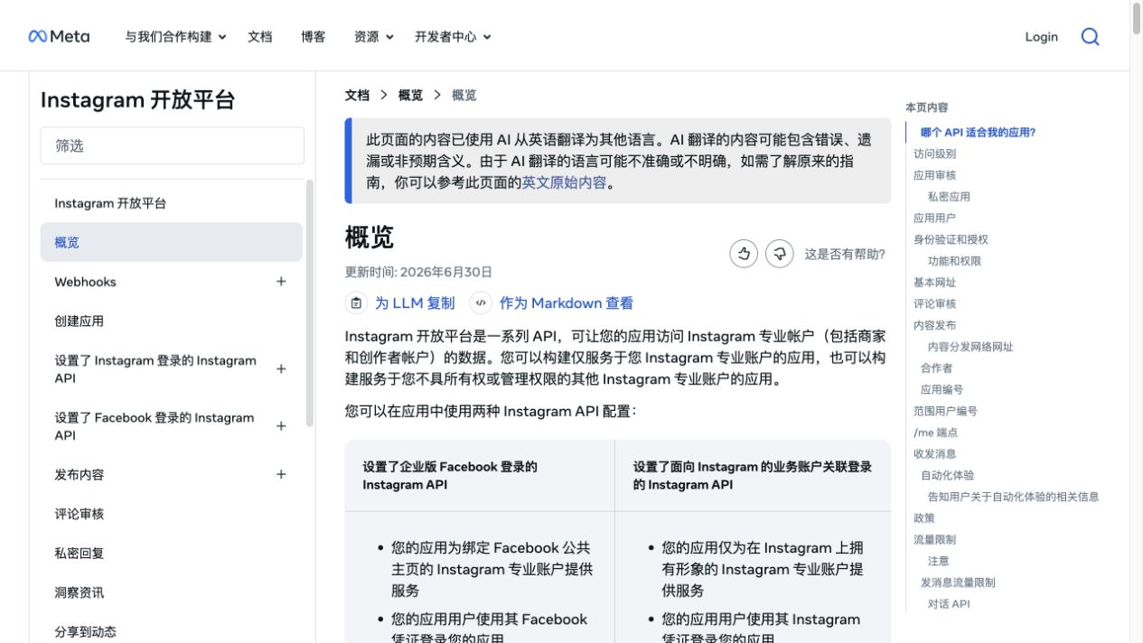 Official Meta Instagram Platform Overview showing API setup, access levels, app review, and permissions sections
