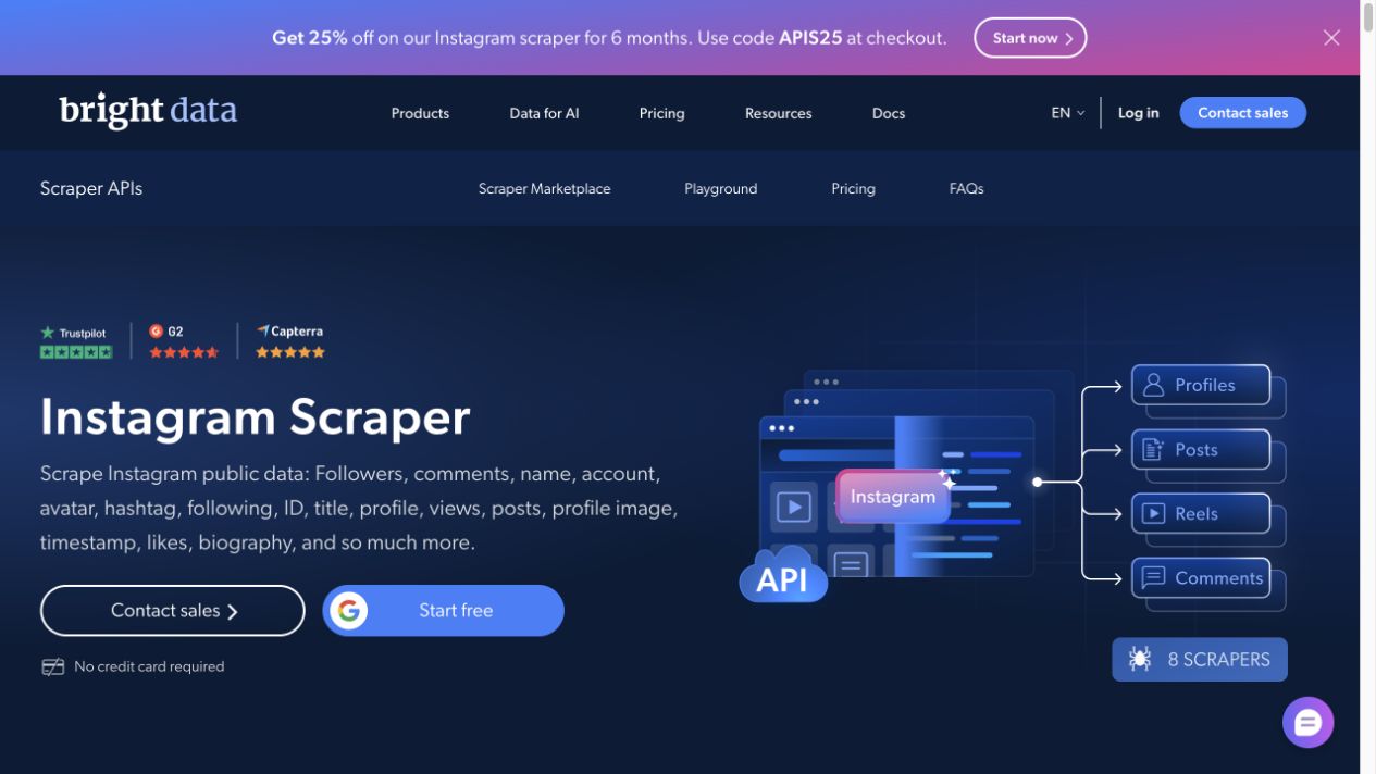 Official Bright Data Instagram Scraper page showing managed public-data provider positioning