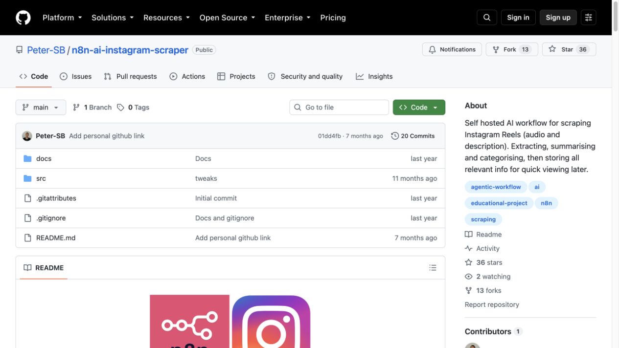 GitHub project page for a self-hosted n8n AI Instagram scraper workflow