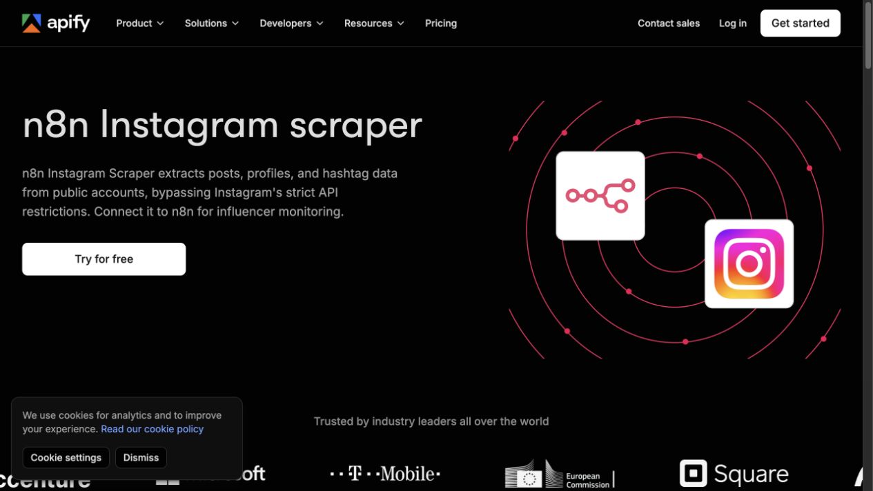 Apify n8n Instagram Scraper integration page for public posts, profiles, and hashtag data
