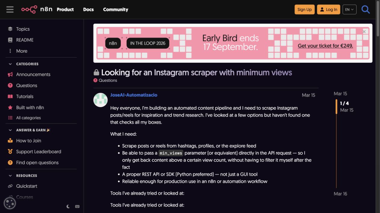 n8n community thread discussing a hybrid Instagram scraper workflow with Graph API and Google Sheets caching