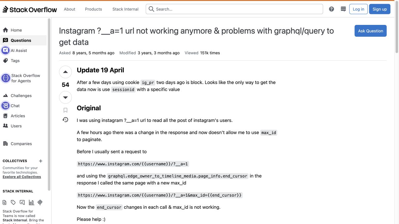 Stack Overflow thread about Instagram ?__a=1 and GraphQL scraping methods breaking