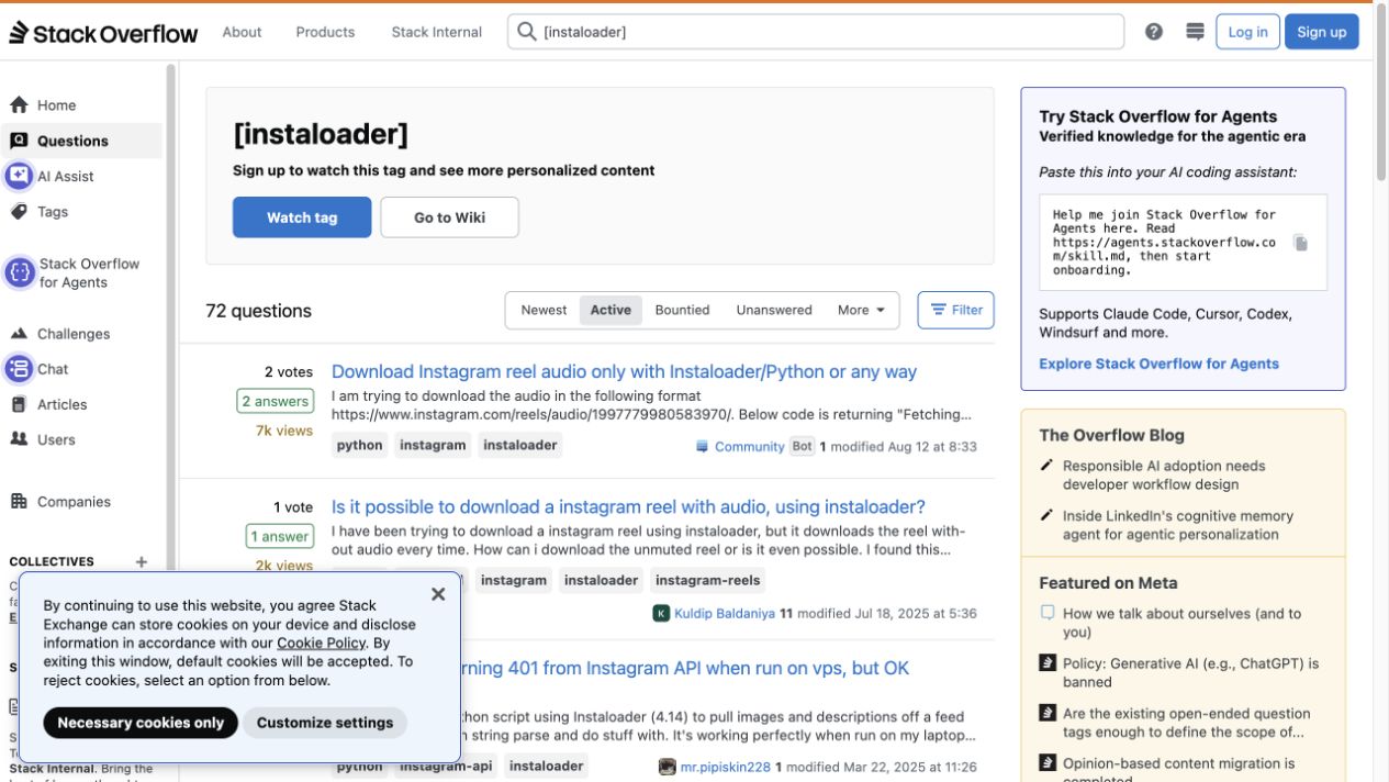 Stack Overflow Instaloader tag showing HTTP 401, 429, 404 and incomplete data questions