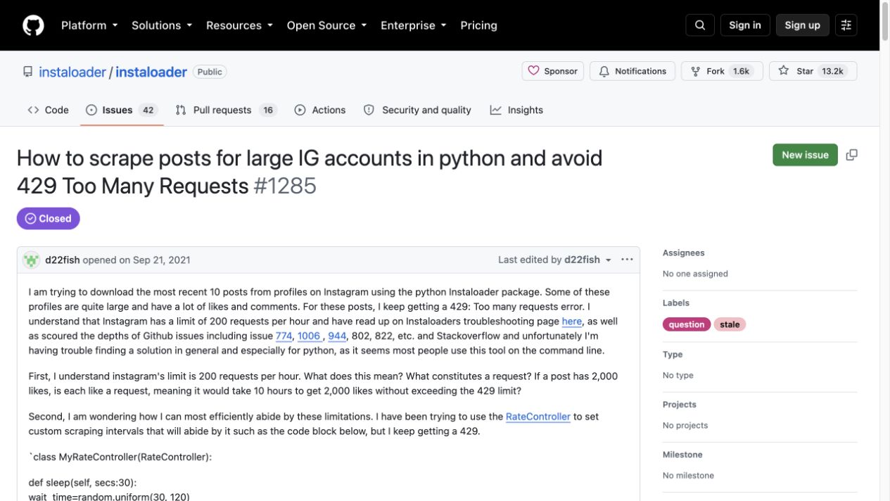 GitHub Instaloader issue discussing Instagram 429 Too Many Requests on large accounts