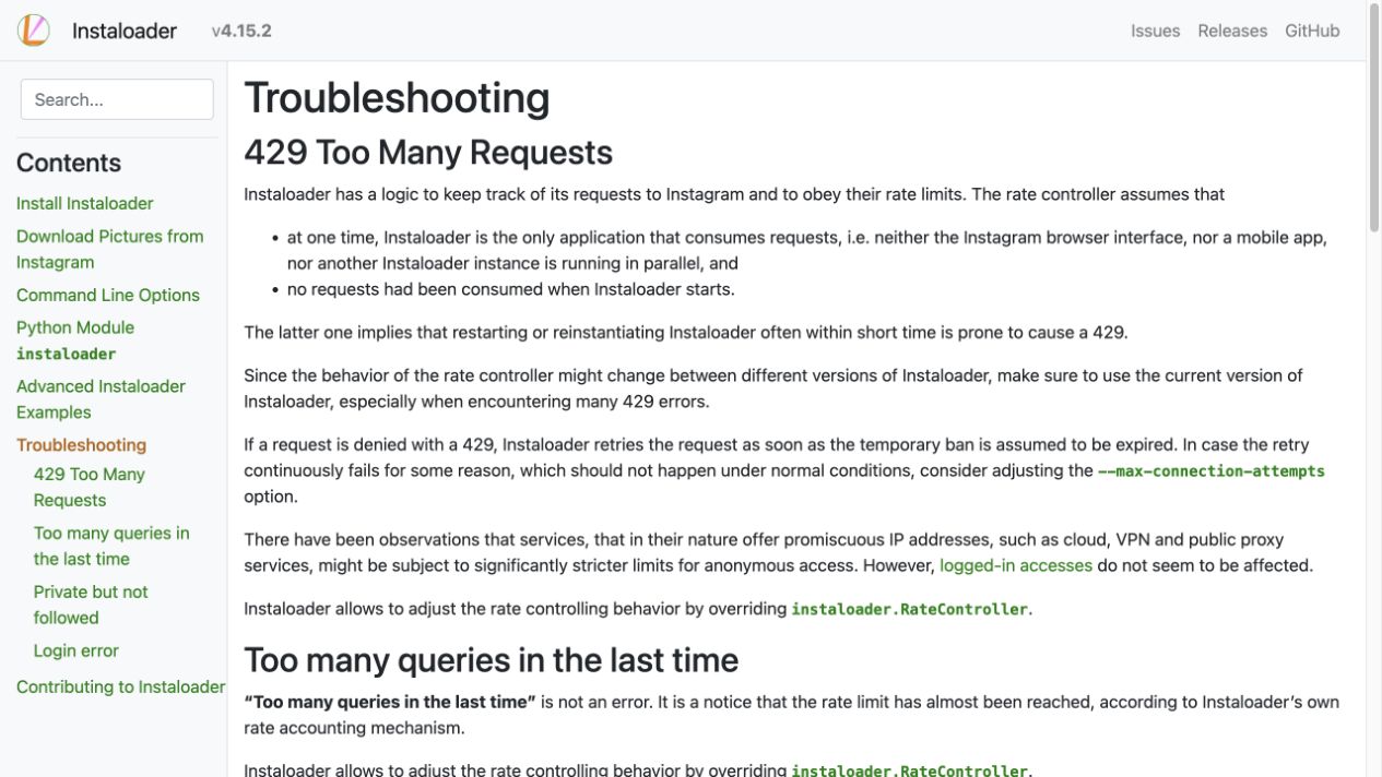 Instaloader troubleshooting documentation for login, 2FA and checkpoint handling