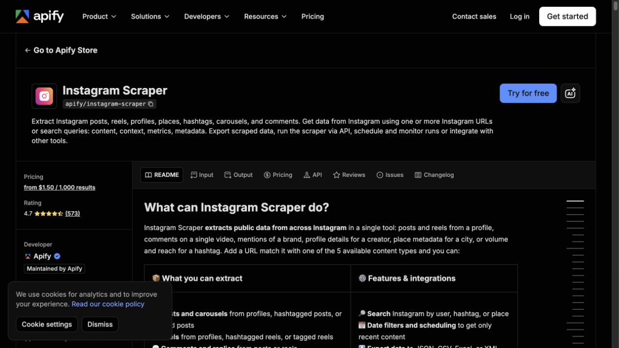 Apify Instagram Scraper official page showing supported Instagram data objects and export workflow