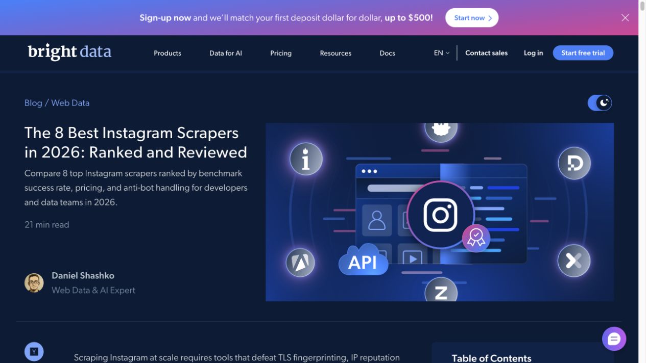 Bright Data 2026 Instagram scraper review page focused on success rates, pricing and anti-bot handling