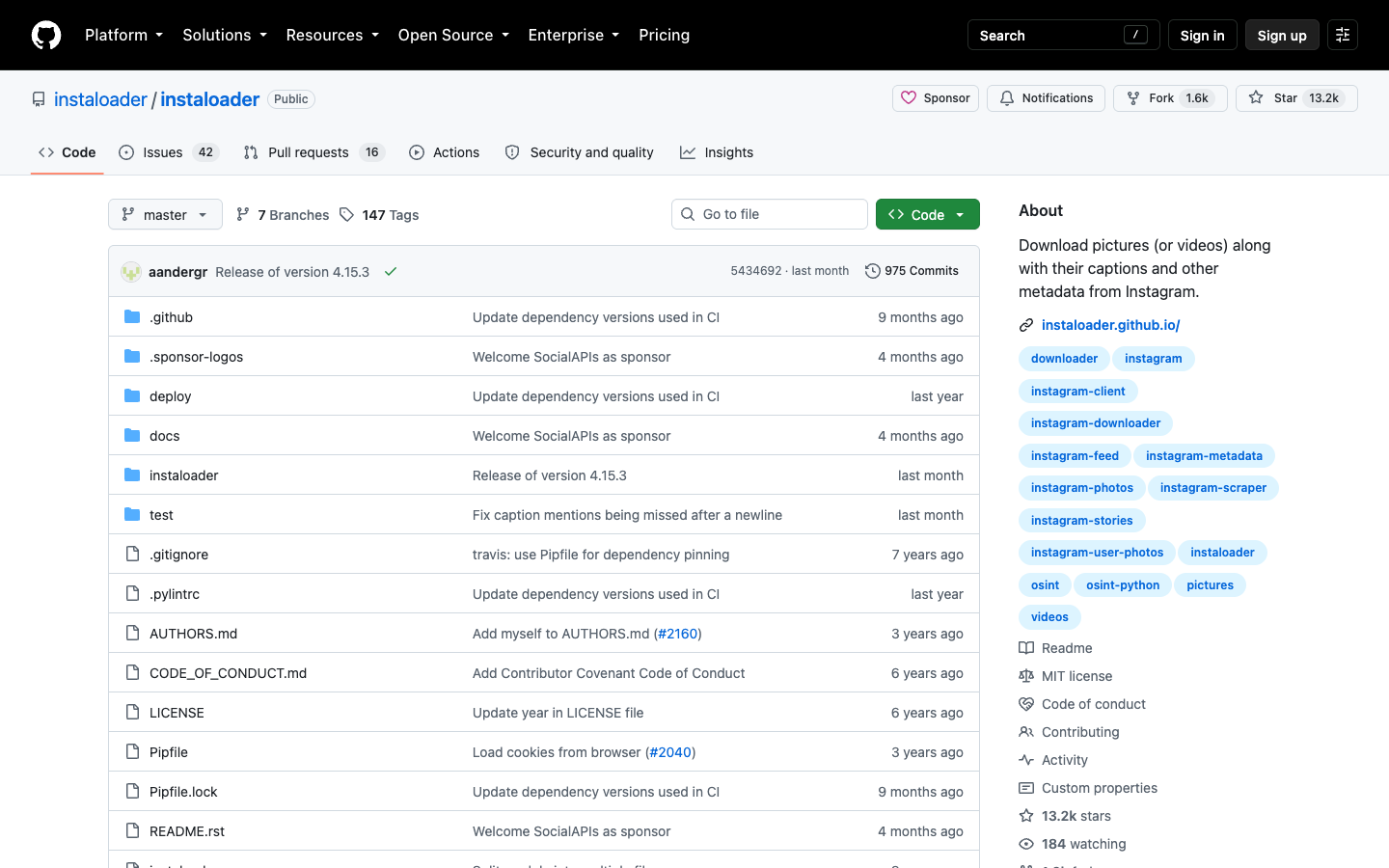 Instaloader GitHub repository page showing the open-source Instagram scraper project