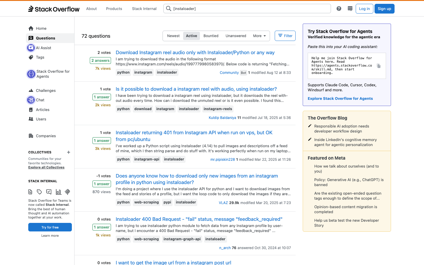 Stack Overflow Instaloader tag showing active reliability questions