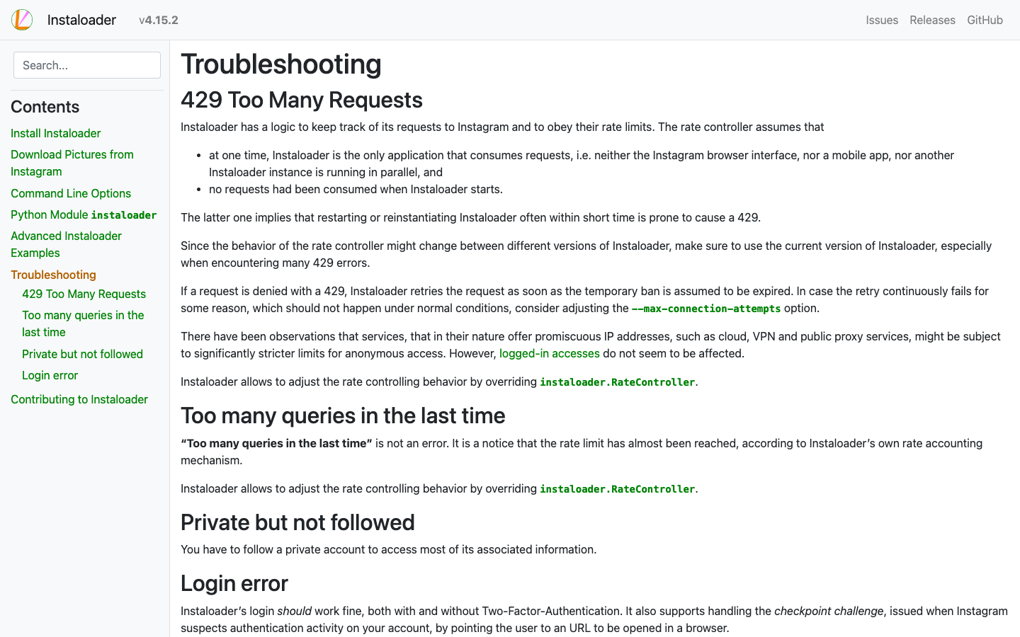 Instaloader troubleshooting documentation for login, checkpoints and 429 handling