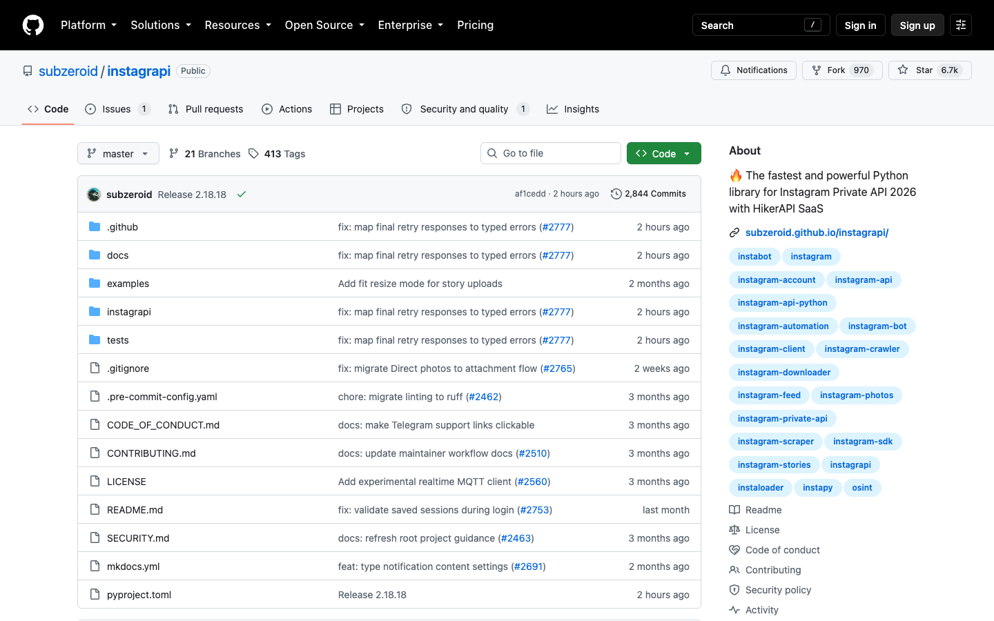 instagrapi GitHub repository page for the unofficial Instagram API wrapper