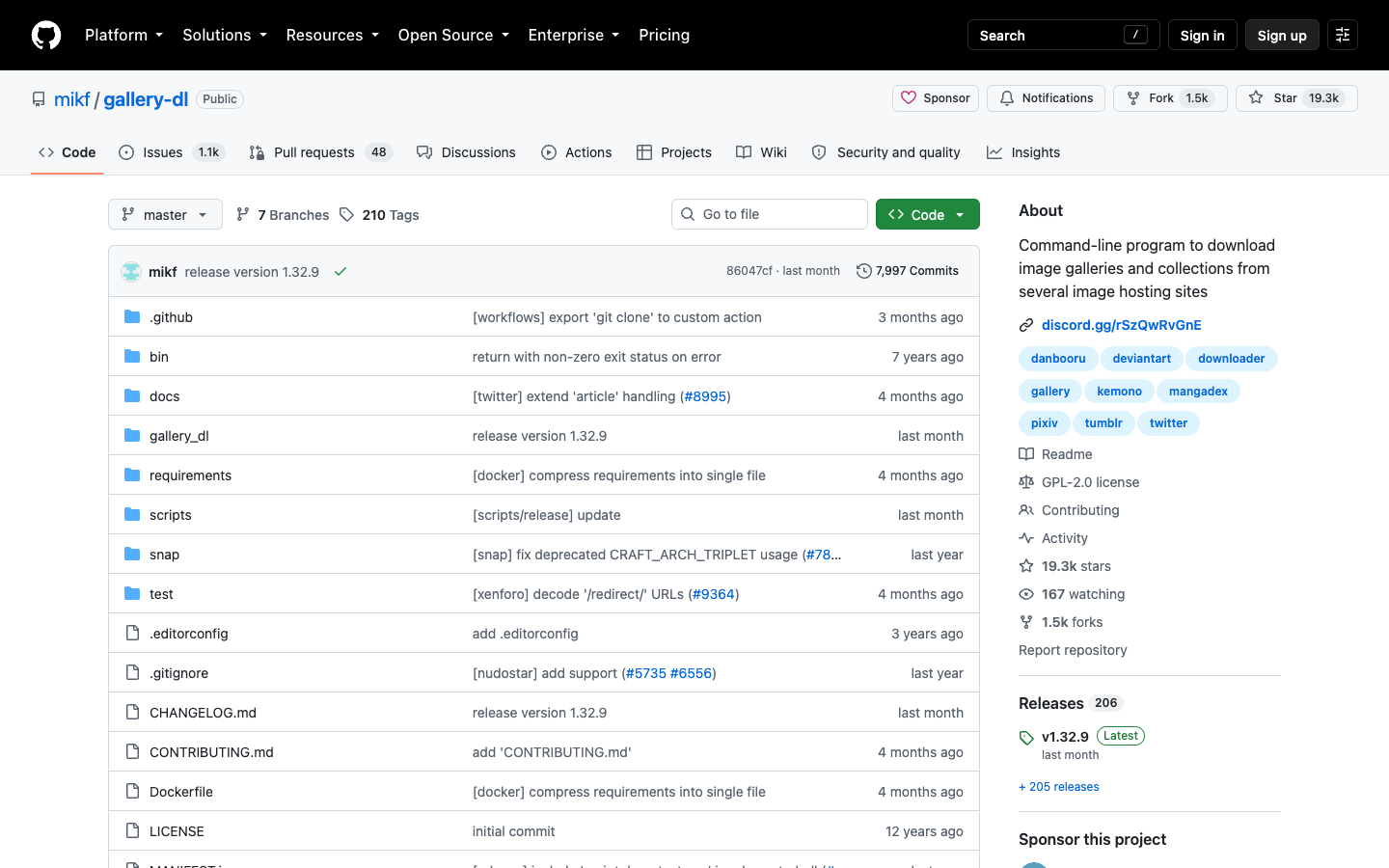gallery-dl GitHub repository page for a multi-site media downloader