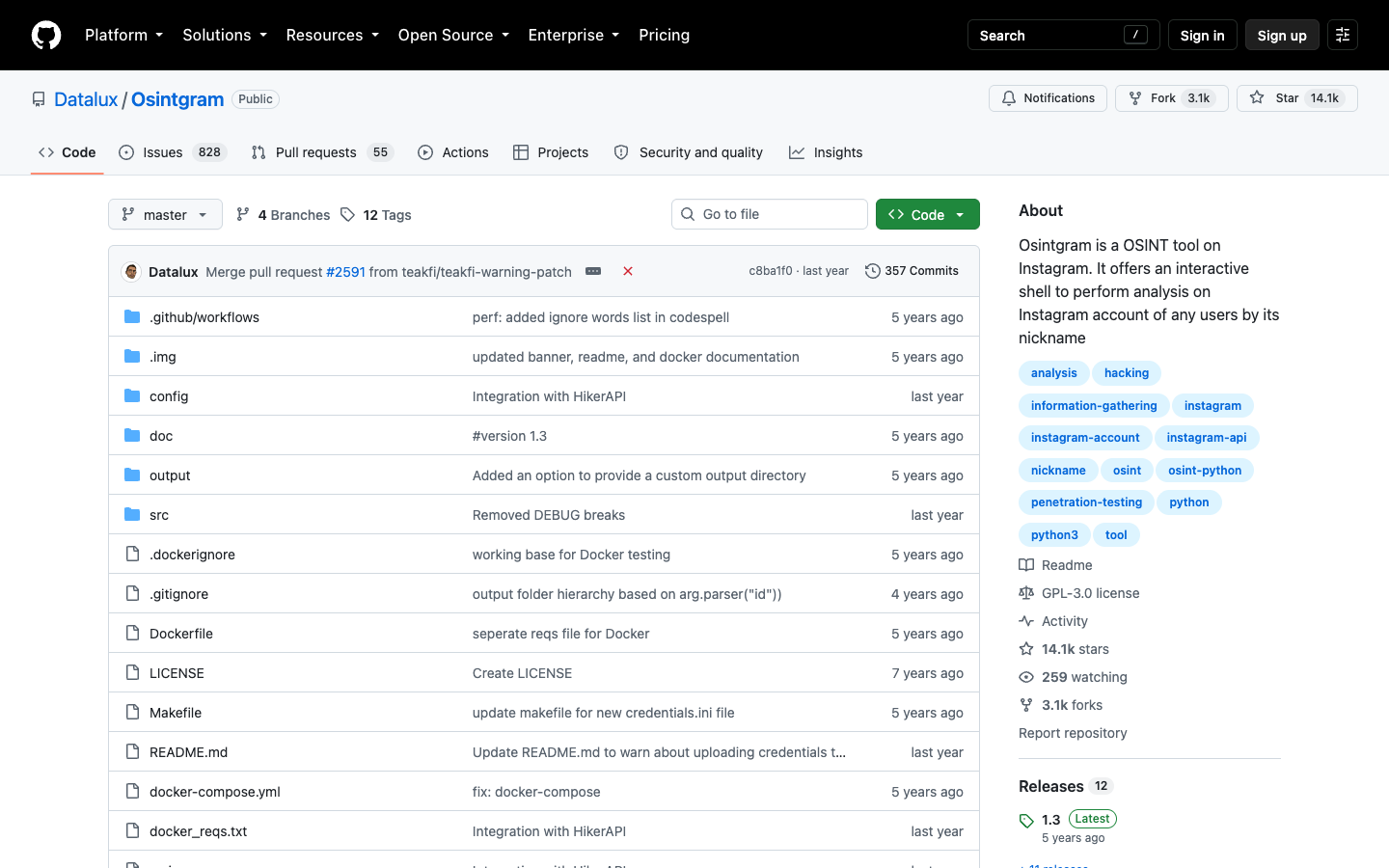 Osintgram GitHub repository page for an Instagram OSINT shell