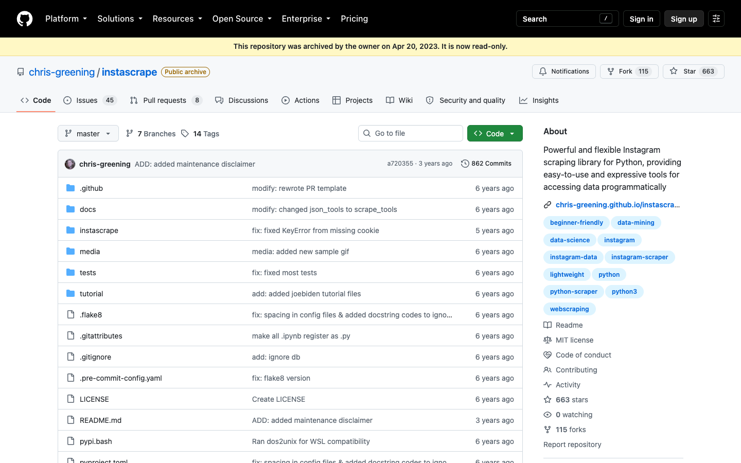 Archived instascrape GitHub repository page showing a stale open-source Instagram scraper