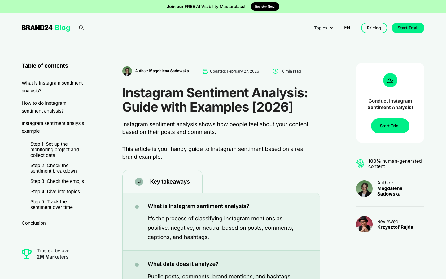 Brand24 Instagram sentiment analysis guide showing sentiment monitoring as a brand workflow