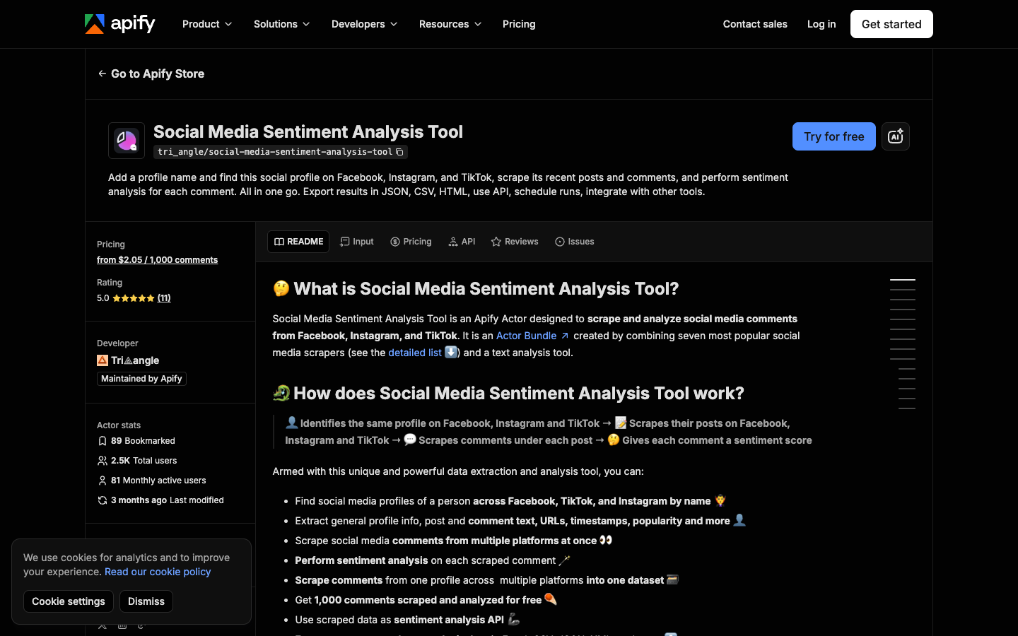 Apify social media sentiment analysis actor showing comments, sentiment and export workflow