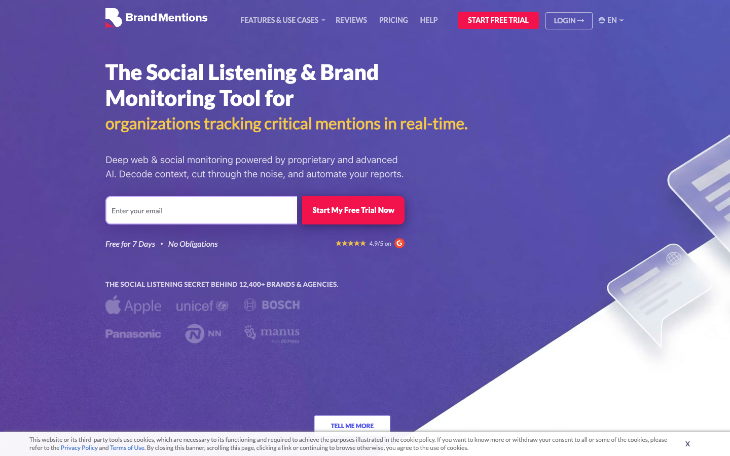 BrandMentions page showing brand monitoring, sentiment and notification use cases
