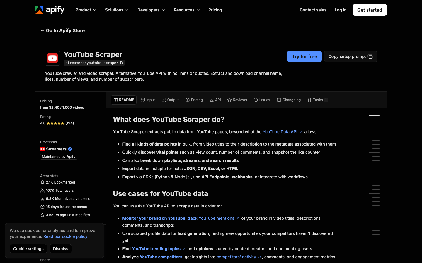 Apify YouTube Scraper actor page showing video, channel, playlist and search extraction