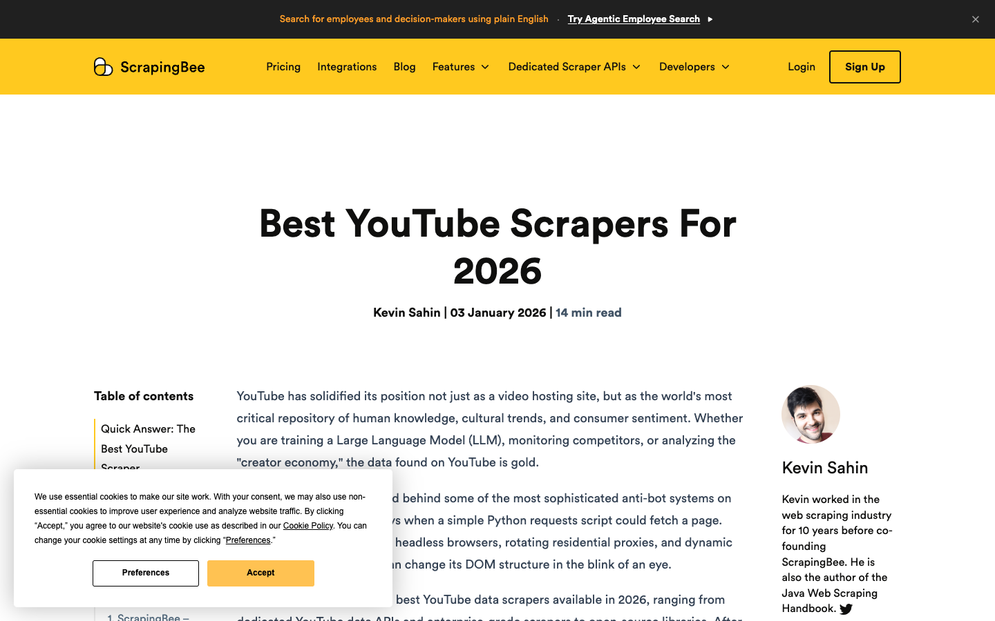 ScrapingBee best YouTube scraper article showing developer-focused comparison