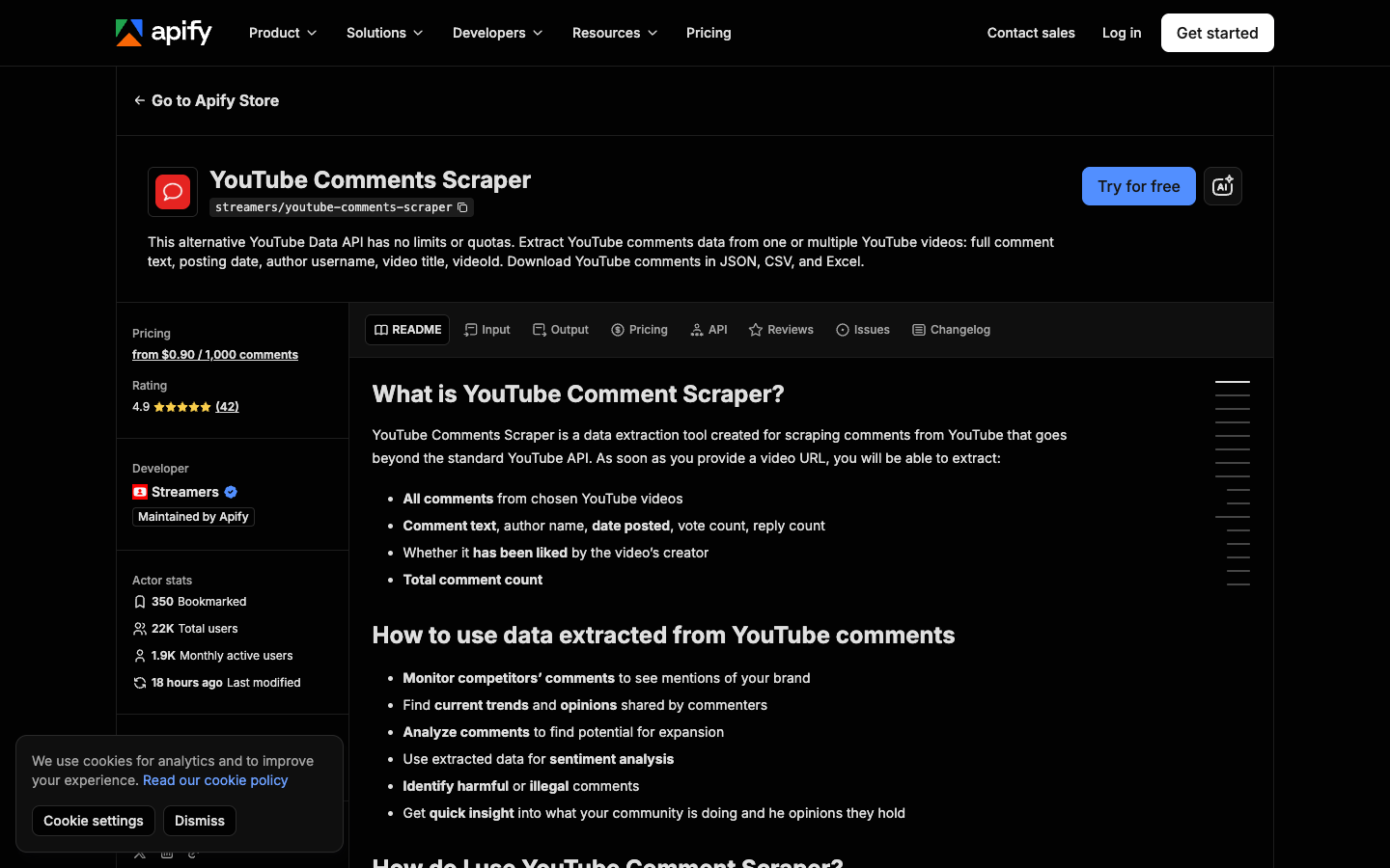 Apify YouTube Comments Scraper page showing comment and reply extraction fields