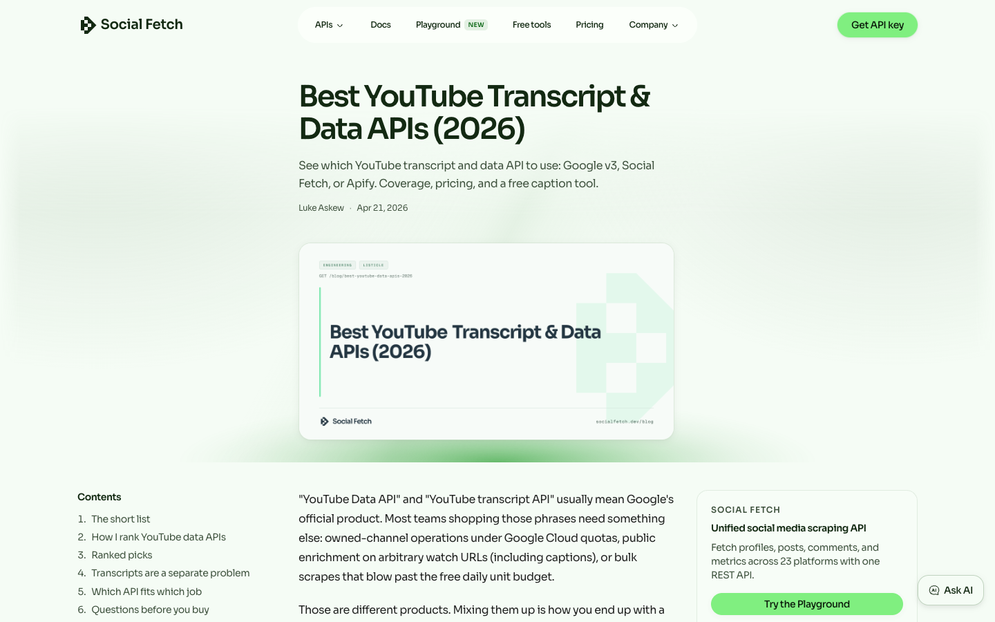 Social Fetch YouTube transcript and data API guide showing transcript/data API category