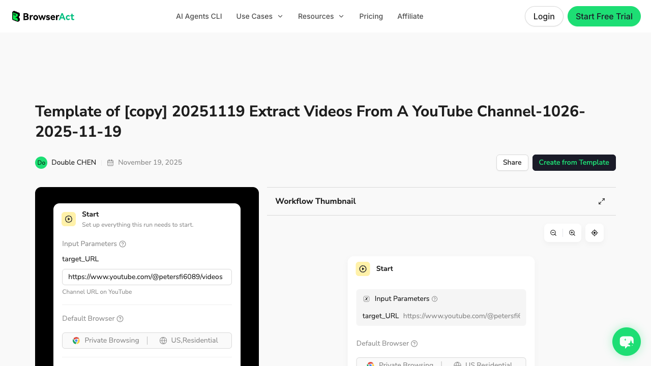 BrowserAct YouTube channel video extraction template page