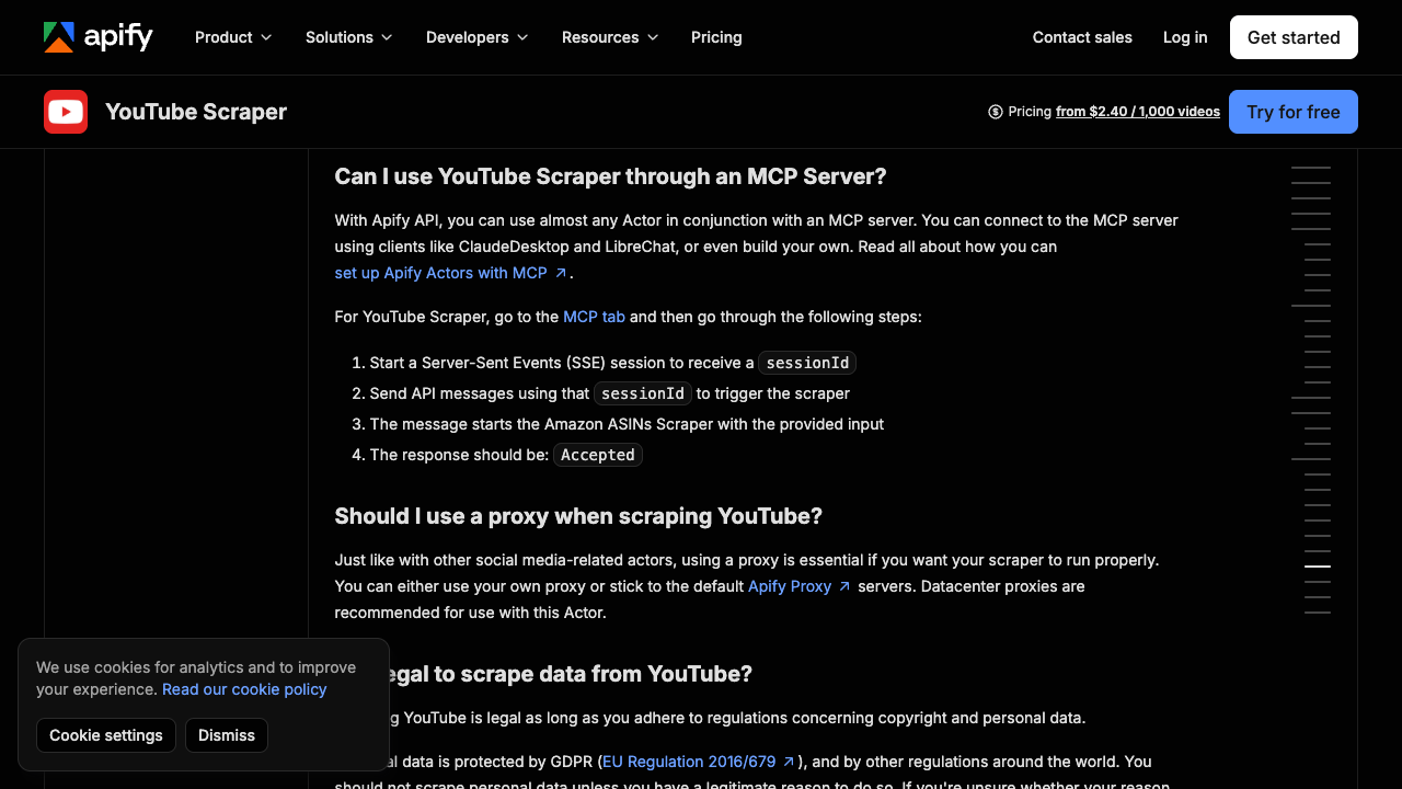 Apify YouTube Scraper actor page for video, channel, playlist, and search extraction