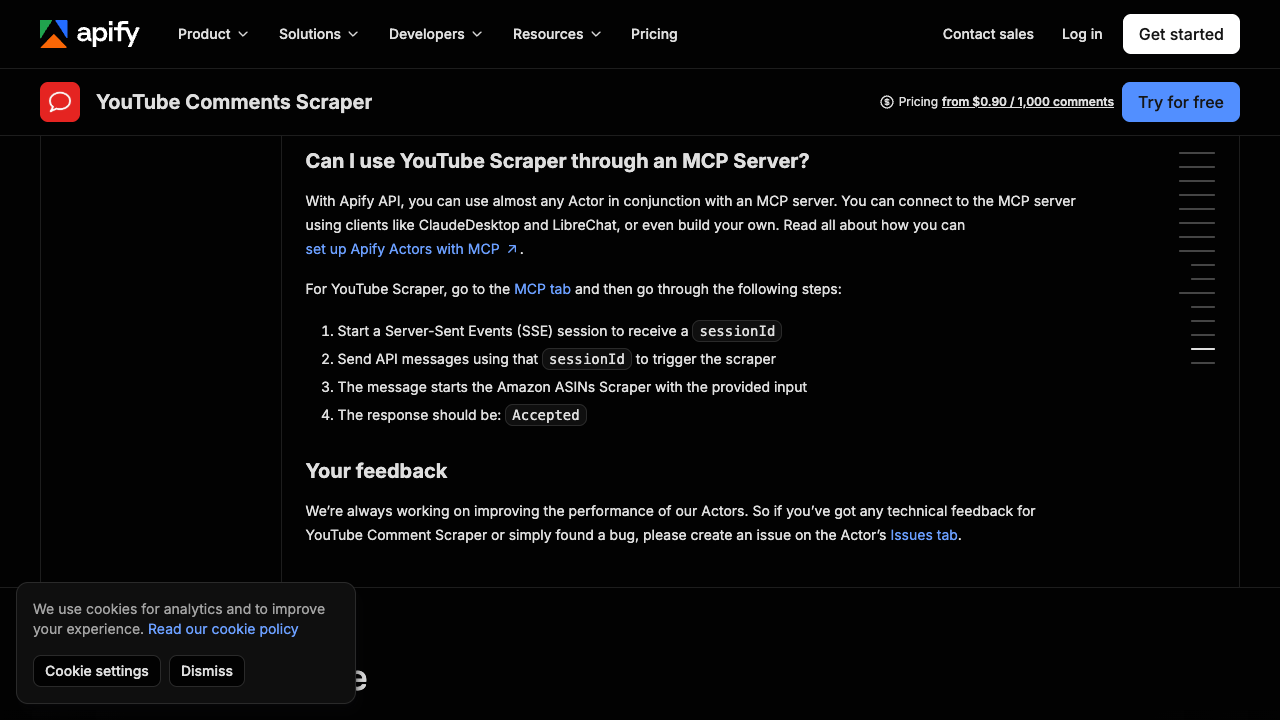 Apify YouTube Comments Scraper actor page showing comment export fields