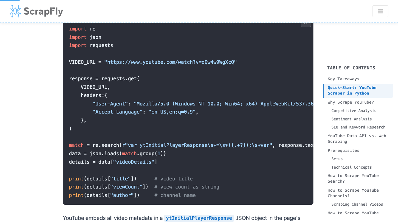 Scrapfly guide page showing code-first YouTube scraping approach