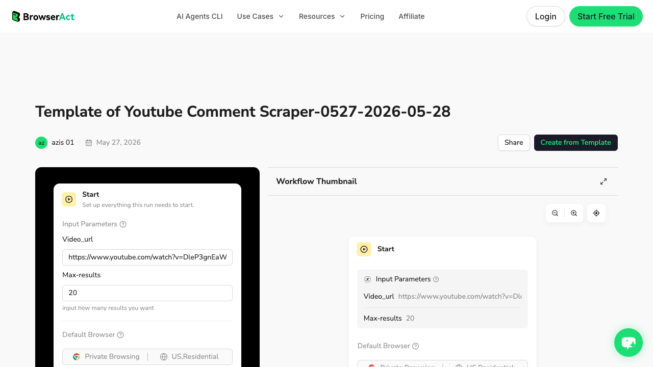 BrowserAct YouTube Comment Scraper template page with comment workflow preview