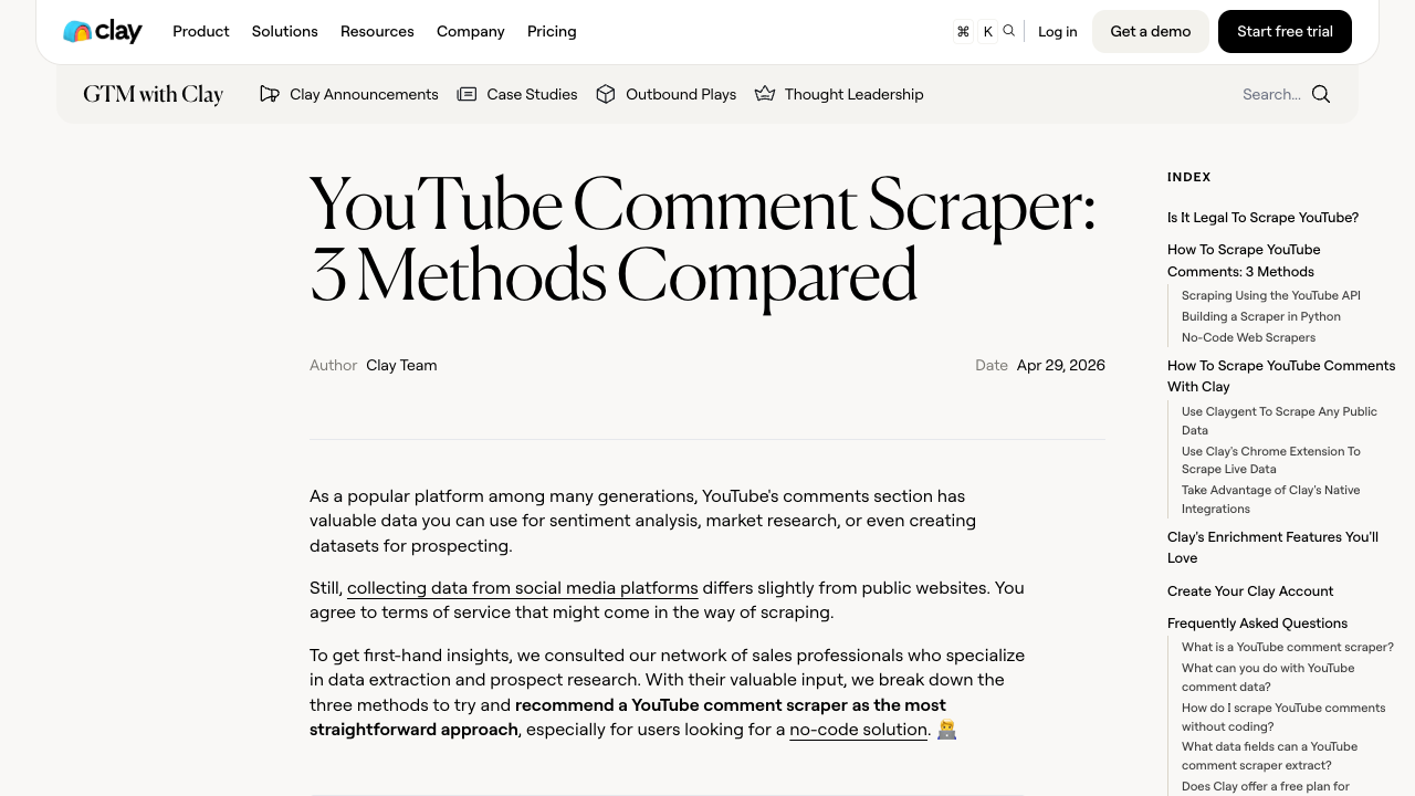 Clay YouTube Comment Scraper article showing lead and research use cases