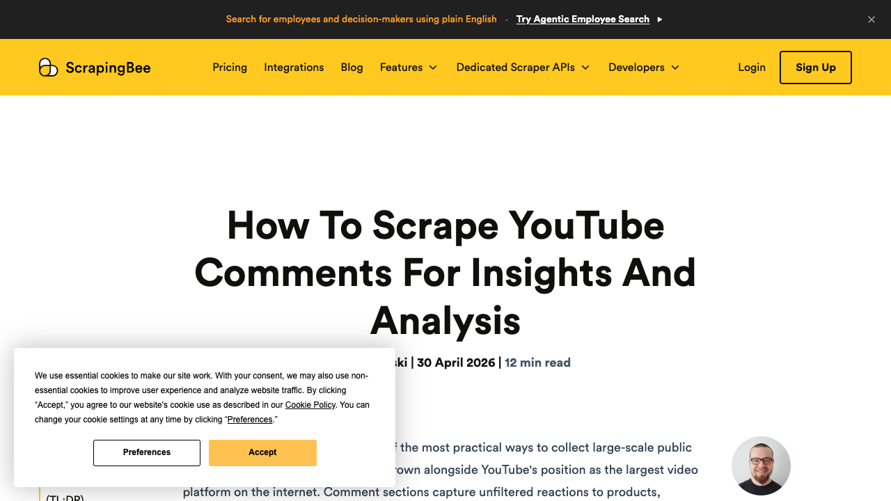 ScrapingBee guide on scraping YouTube comments for insights and analysis