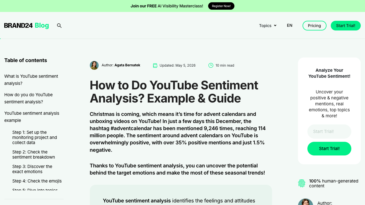 Brand24 YouTube sentiment analysis guide explaining brand insights from comments