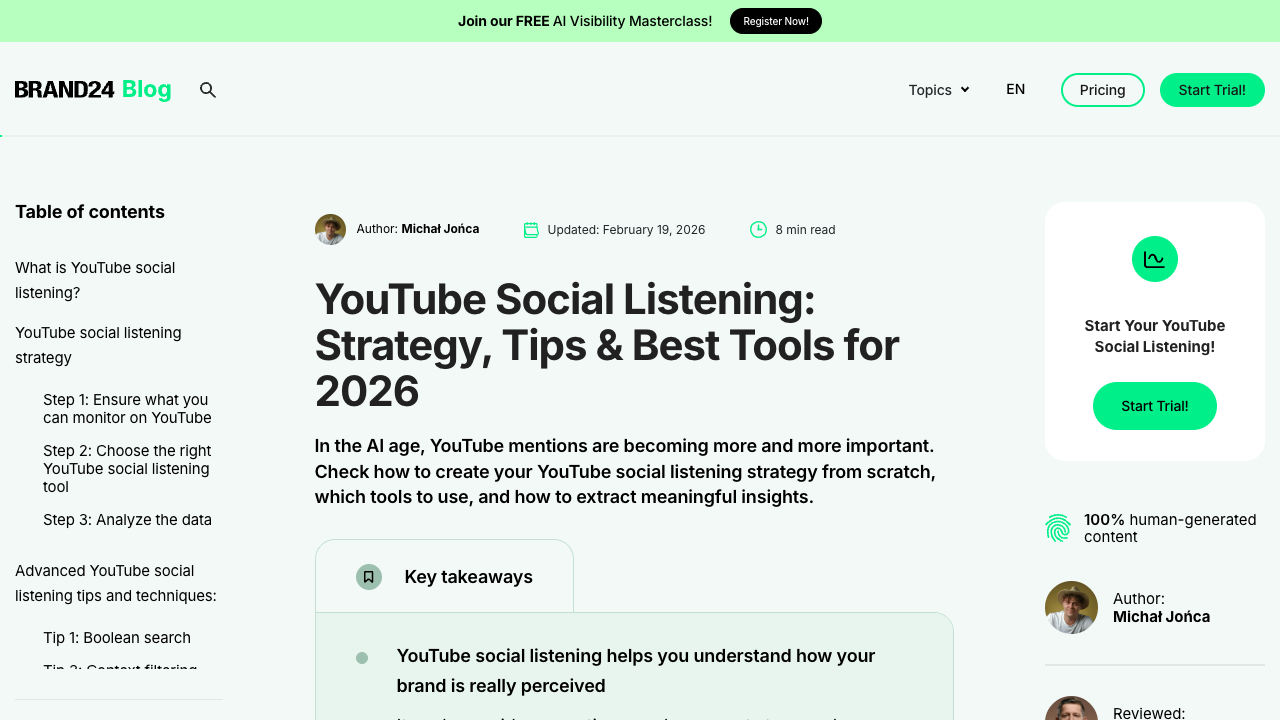 Brand24 YouTube social listening guide covering comments, sentiment, topics, and trends