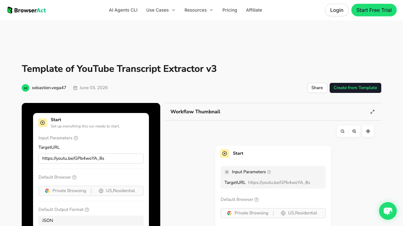 BrowserAct YouTube Transcript Extractor template official page showing a reusable transcript workflow